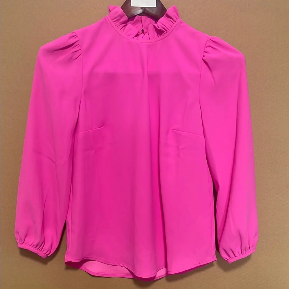 J. Crew XXS‎ Hot Pink Blouse with Puff Sleeves and Mandarin Collar